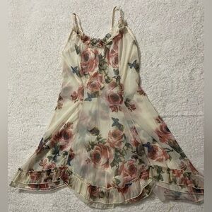 Sheer Floral Slip Dress with Ruffle Hem Butterflies Roses Layering Feminine